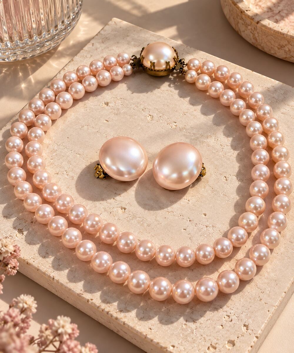 Vintage Pale Pink Faux Pearl Double Strand Necklace Clip On Earrings Set